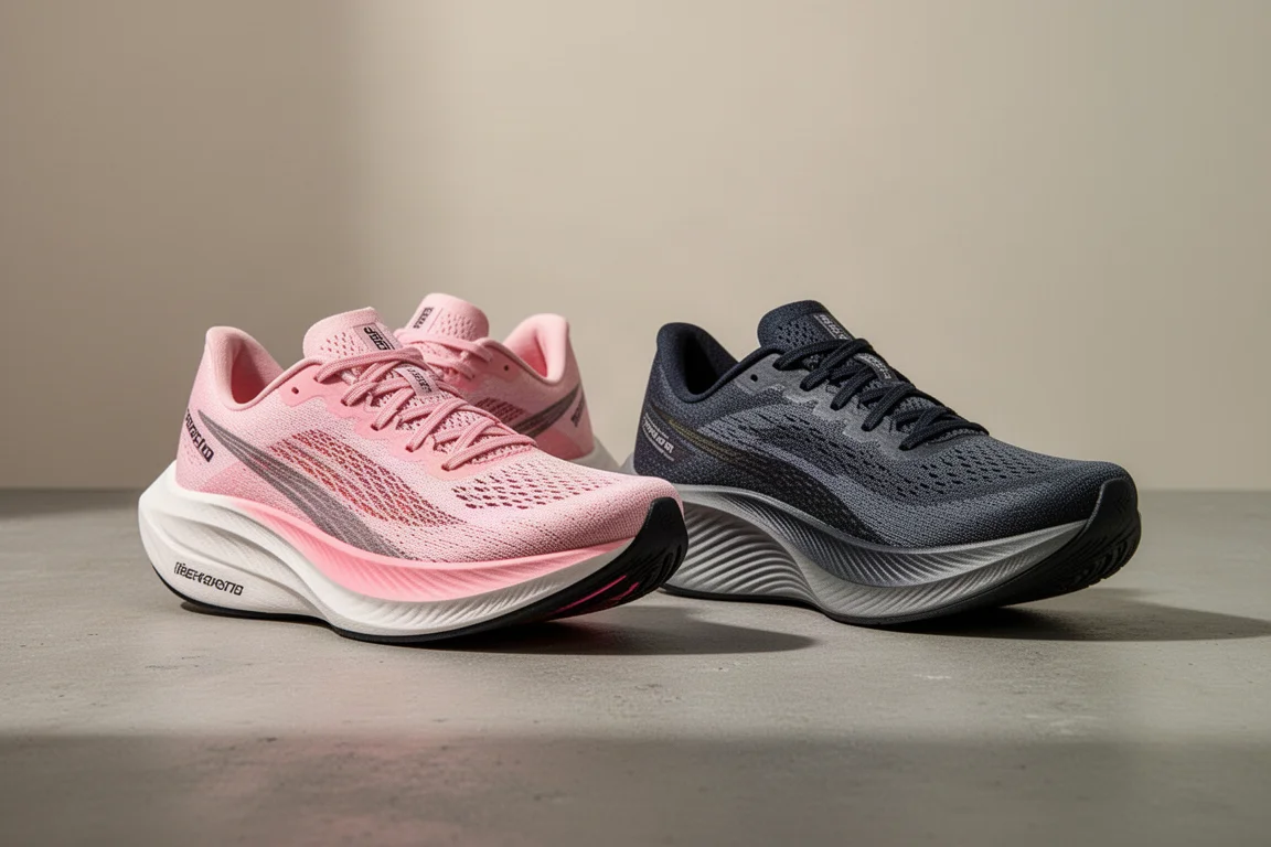 Nike Vaporfly 2 and Saucony Endorphin Pro 3 racing shoes side by side on concrete