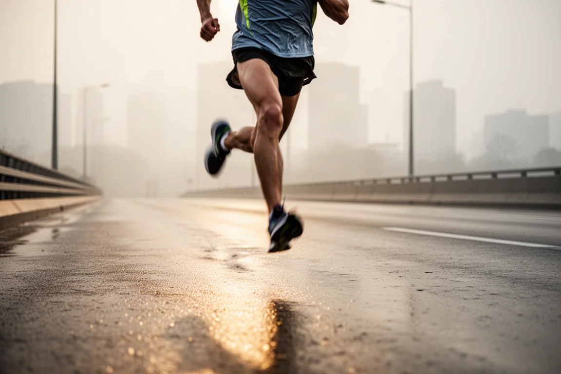 Hardloper in volle snelheid op een open weg tijdens een vroege ochtendrace