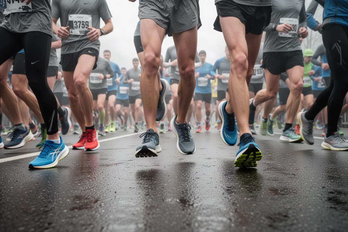 Wettkampfszene mit Läufern vor dem Marathonstart auf nassen Straßen