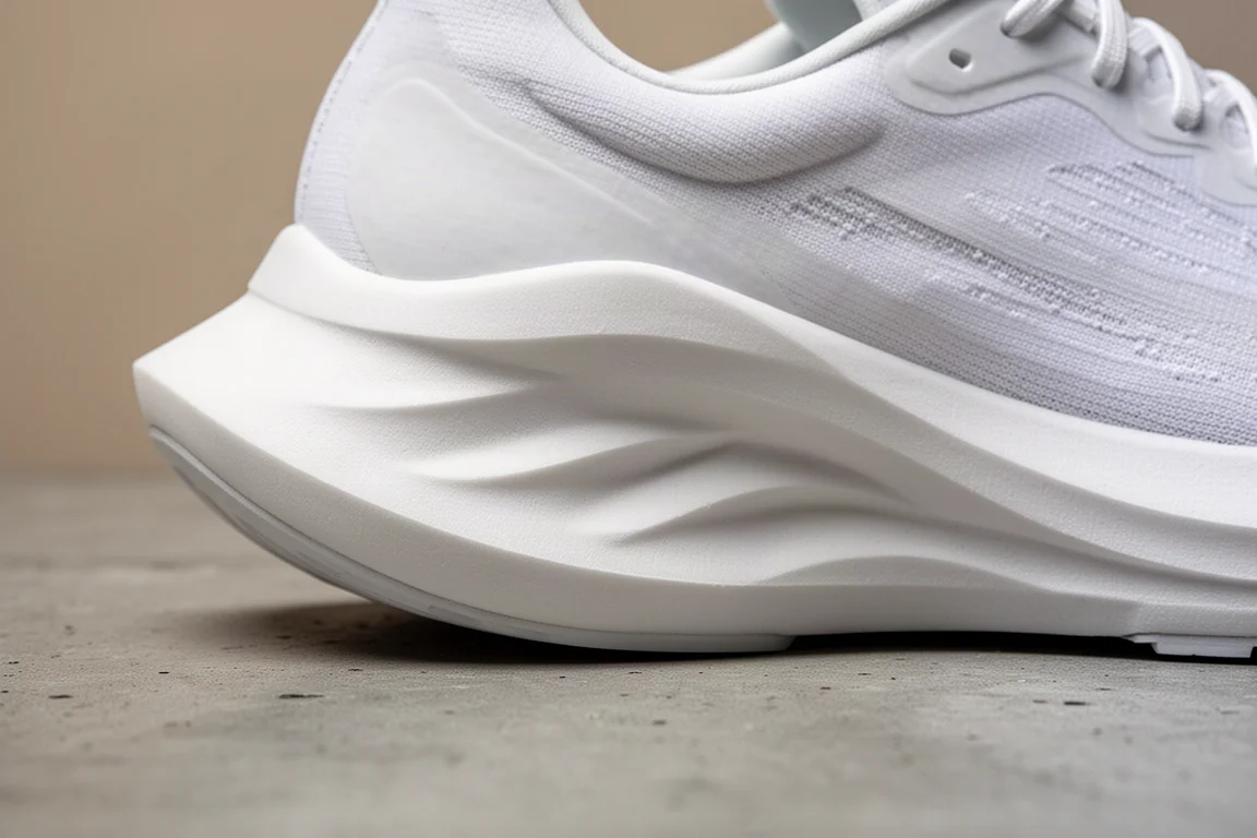 Close-up da entressola espessa de espuma ZoomX branca em um tênis de corrida para dia de prova