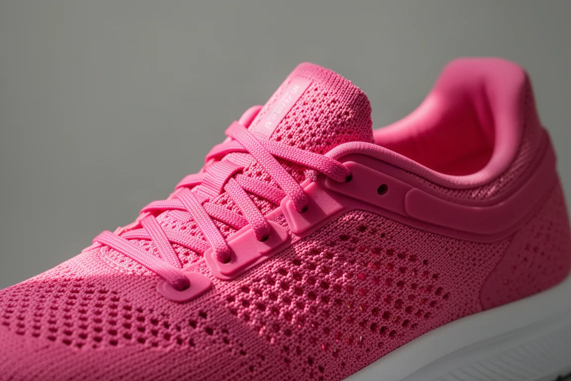 Primo piano della tomaia in maglia traspirante aperta e dei lacci sfalsati di una scarpa da gara rosa