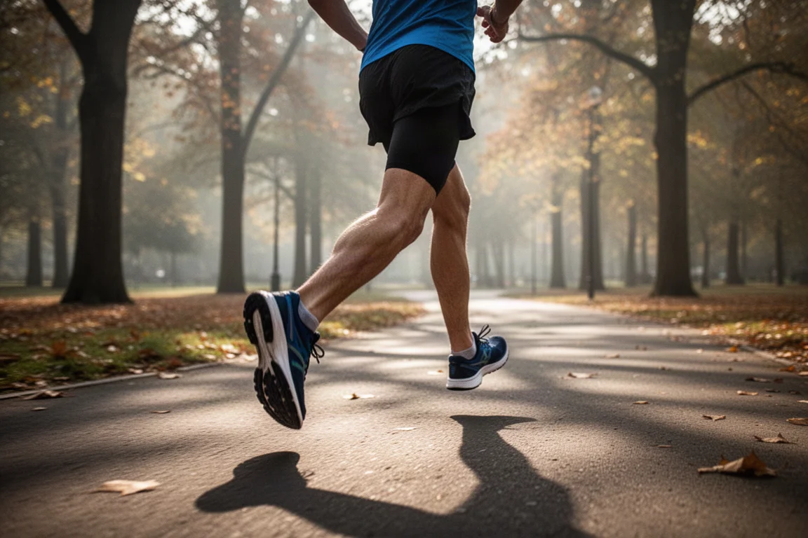 Corridore che si allena intensamente su un percorso di park run nella luce del mattino