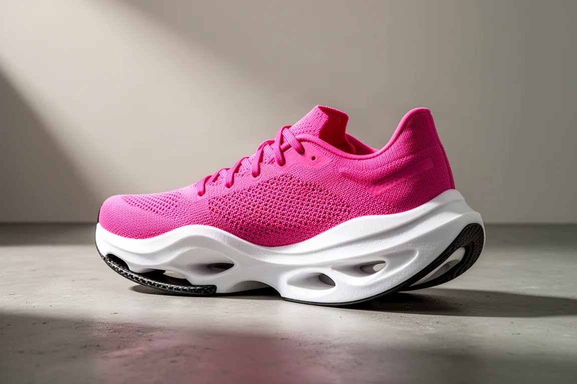 Nike Vaporfly 3 racing shoe with pink knit upper and thick white midsole on concrete