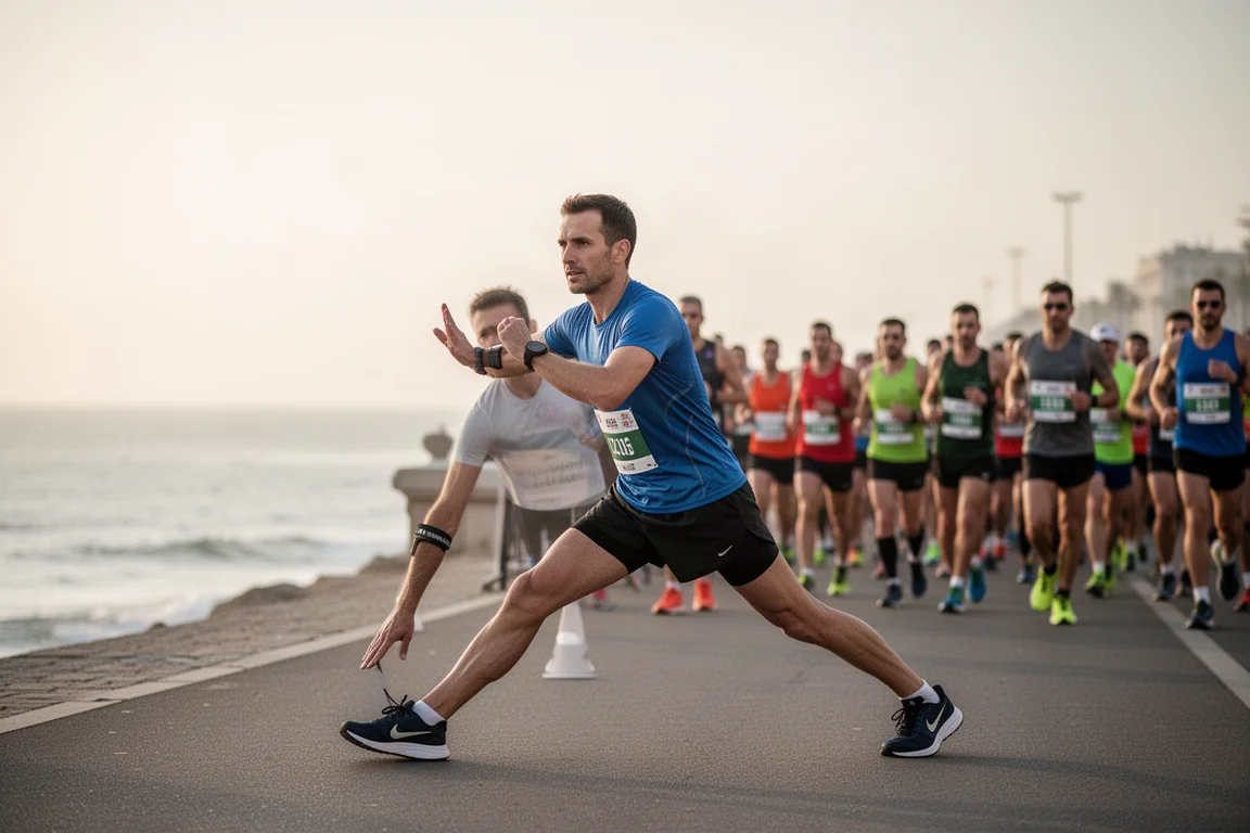 Un corridore sulla linea di partenza di una mezza maratona sul mare nella luce soffice del mattino