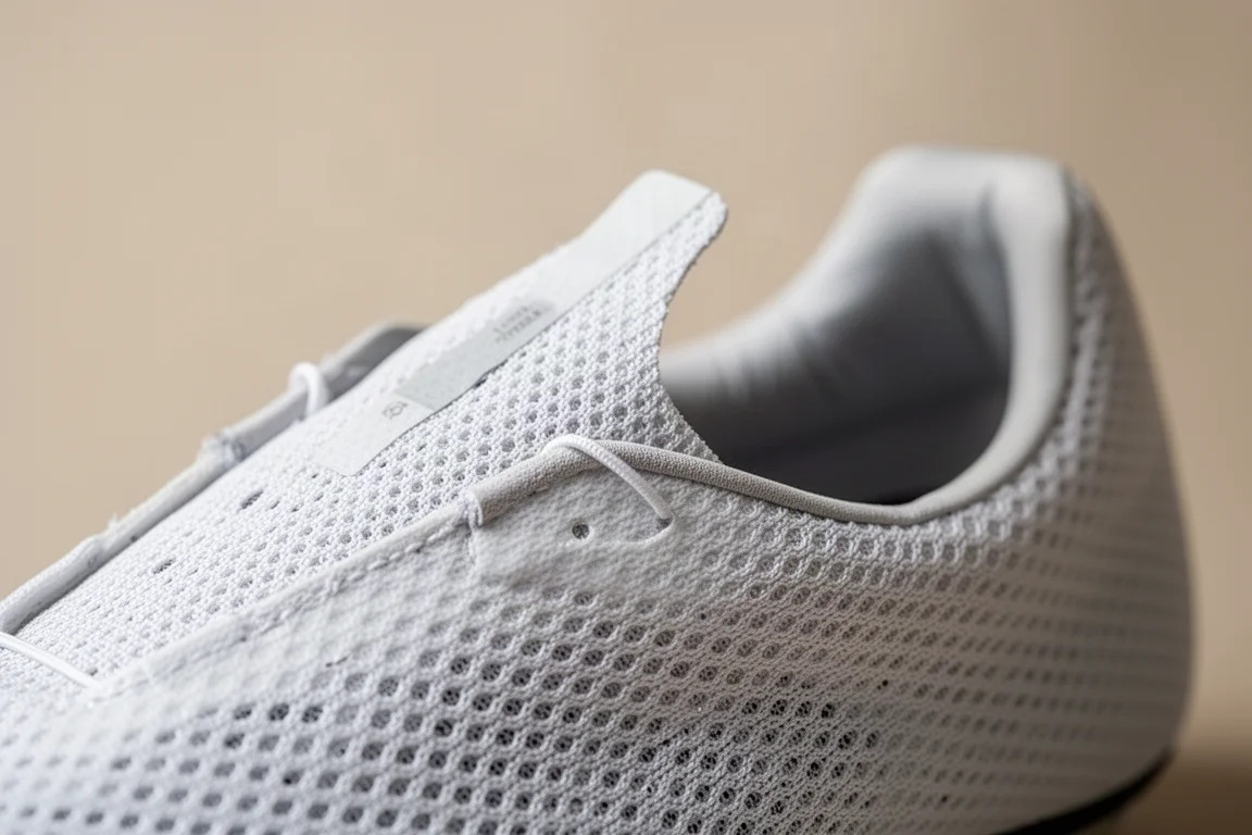 Primo piano di una tomaia traspirante a rete aperta di una scarpa da running