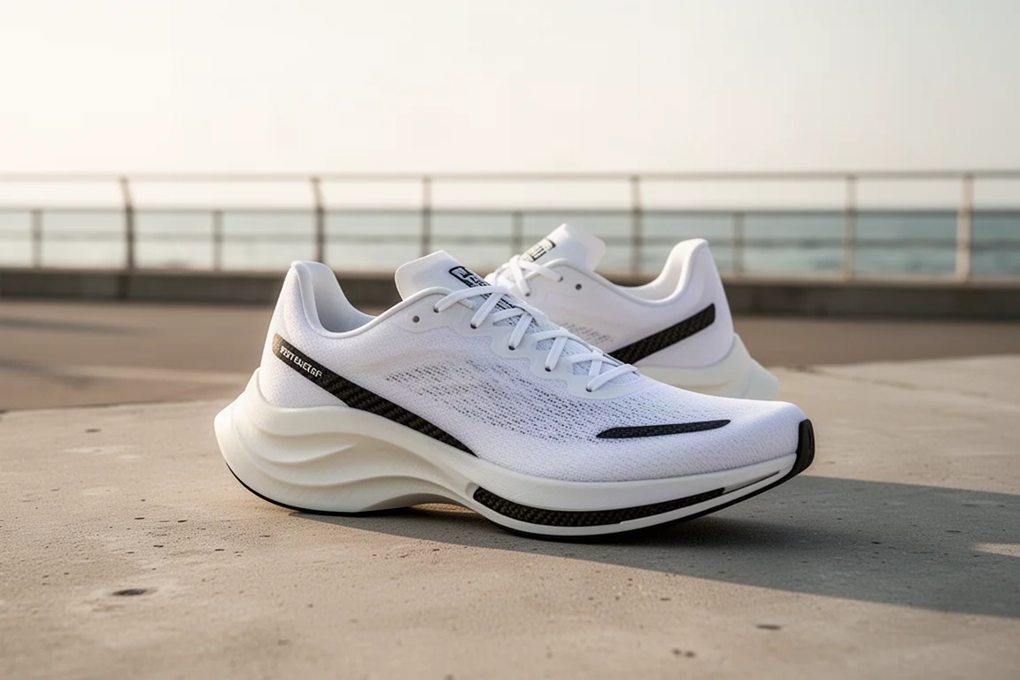 Nike Vaporfly 3 road racing shoe on concrete near a seaside promenade