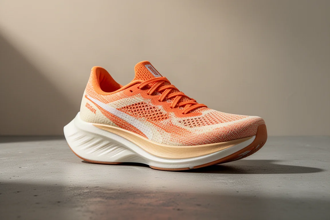 Pair of lightweight marathon racing shoes on a concrete surface