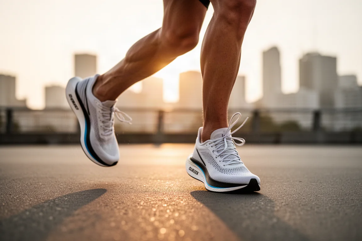 Voeten van een hardloper in lichte raceschoenen op een stadsweg bij zonsopgang