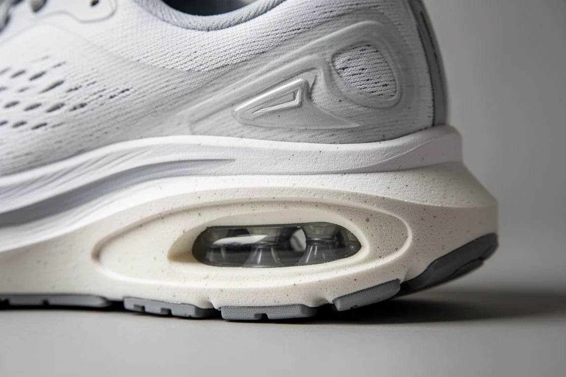 Close-up van de tussenzool van een hardloopschooen met foamlagen en hielbreedte