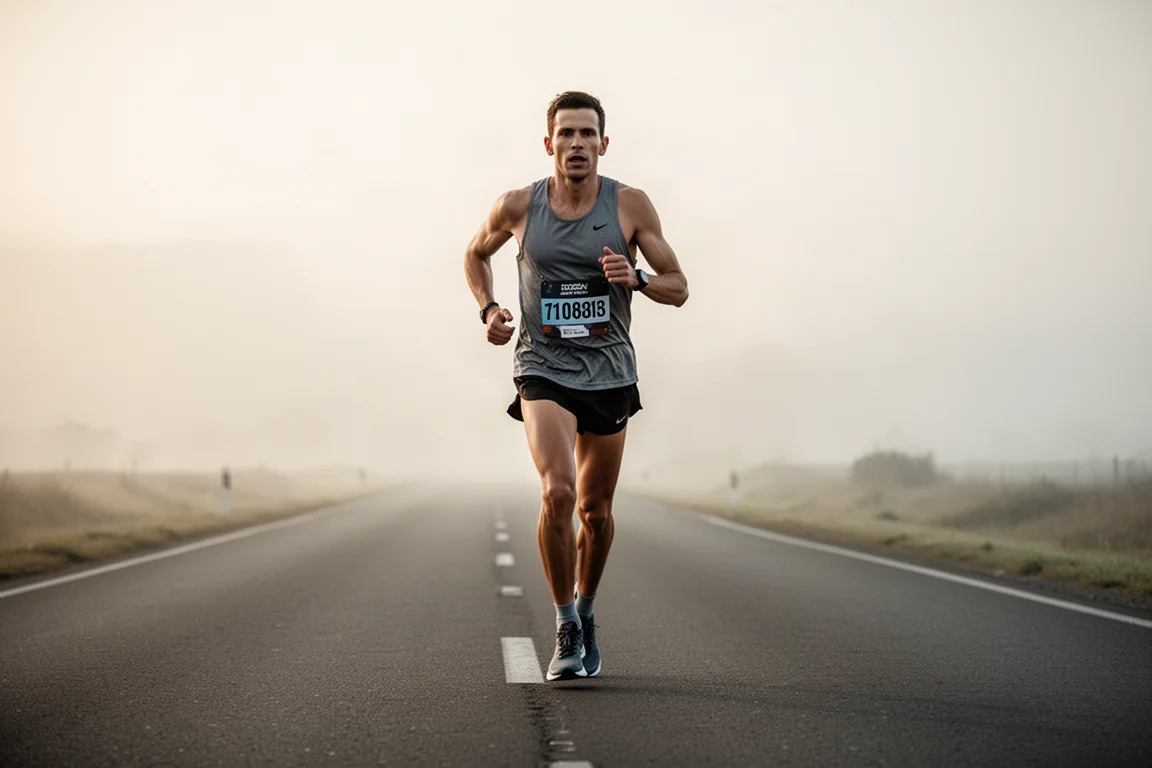 Hardloper die rustig aan komt bij marathontempo op een stille open weg