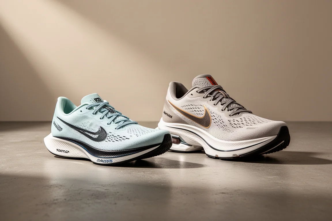 Nike ZoomX Vaporfly 3 and Nike Alphafly 2 running shoes side by side on concrete