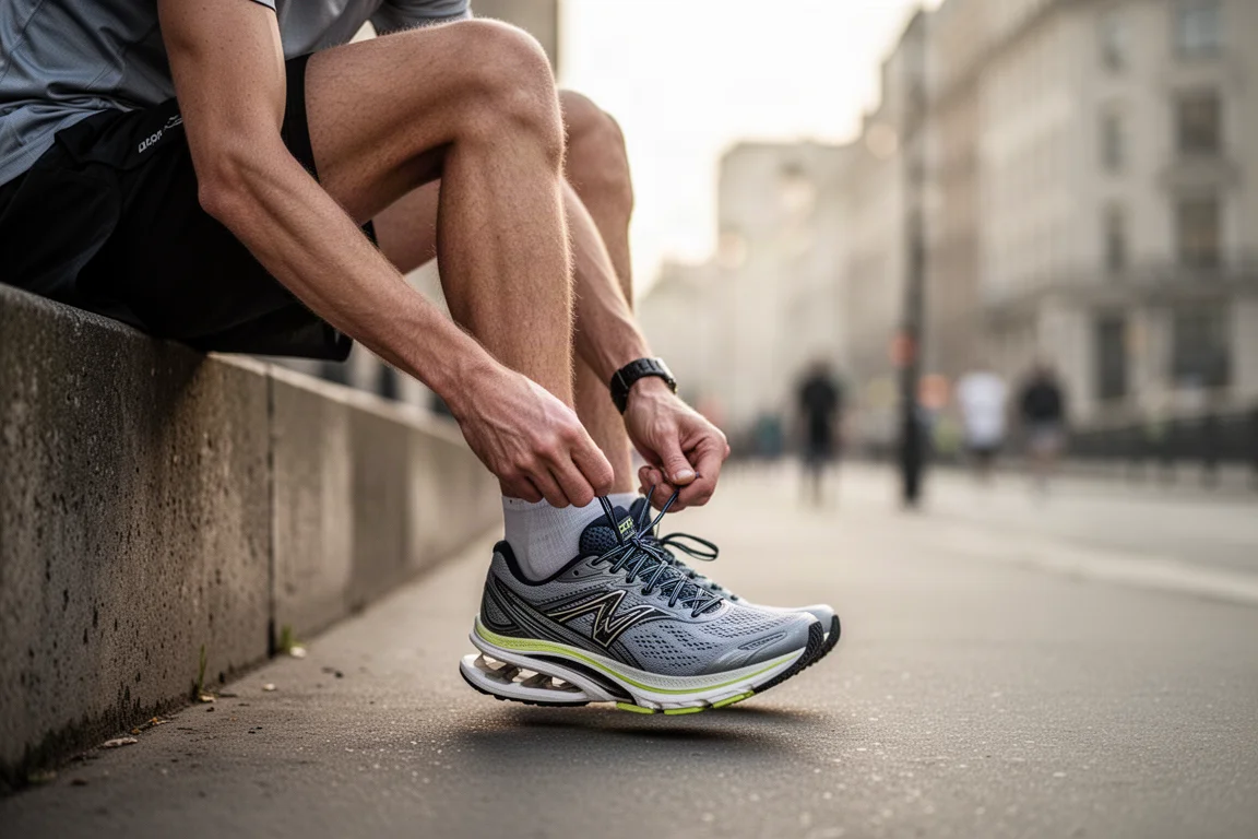 Un runner che allaccia una scarpa da gara su un marciapiede prima di una corsa