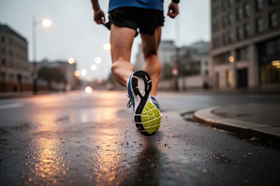 Un runner che spinge in una curva su strada con scarpe da gara al tramonto