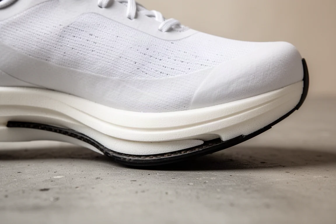 Close-up of a racing shoe midsole showing stacked foam and curved plate
