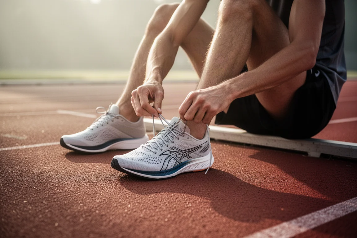 Racer lacing a thin pair of racing shoe laces on a track sideline