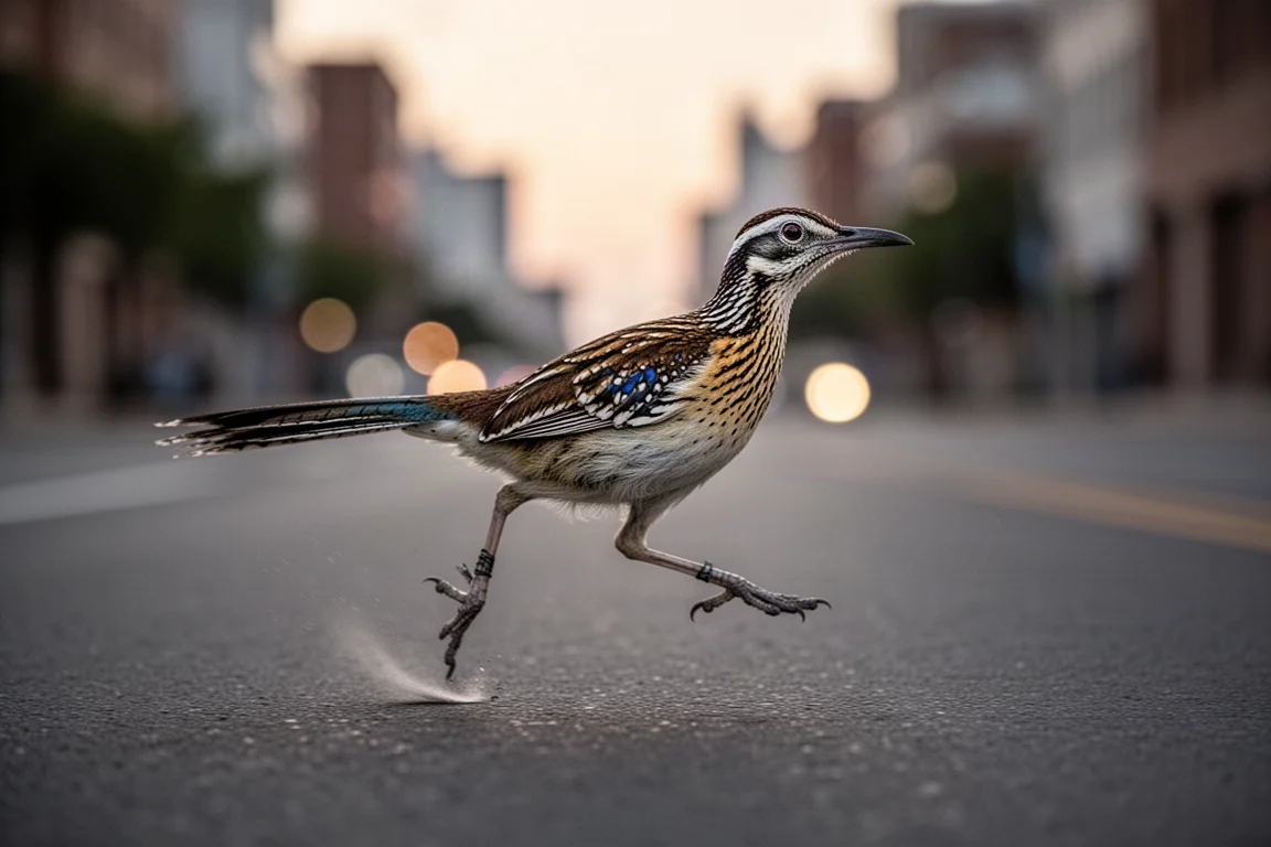 Runner's feet mid-stride on a wet road at dusk with visible bounce