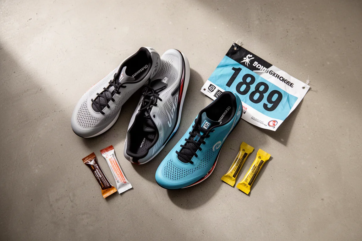Flat-lay of two racing shoes beside a race bib and gels on concrete