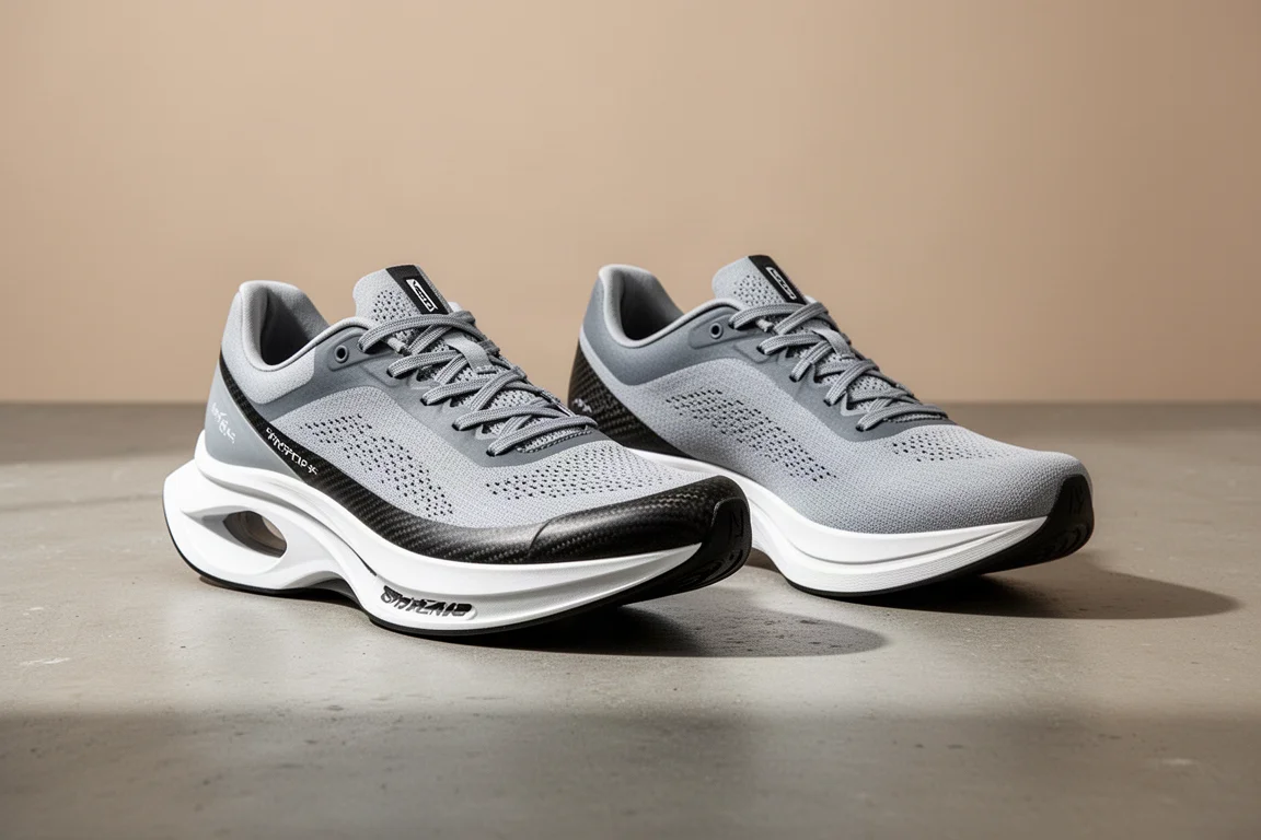 Two lightweight carbon-plated racing shoes side by side on a concrete surface