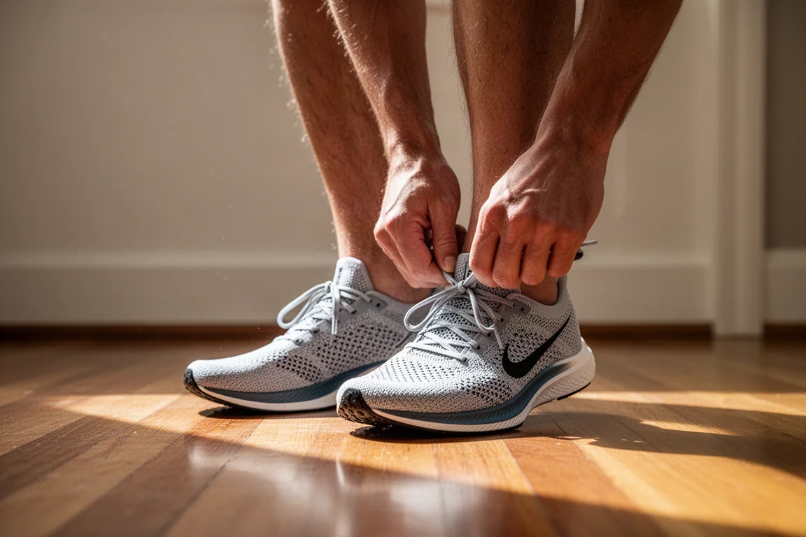 Hardloper die een paar lichte raceschoenen vastmaakt voor een ochtendloop