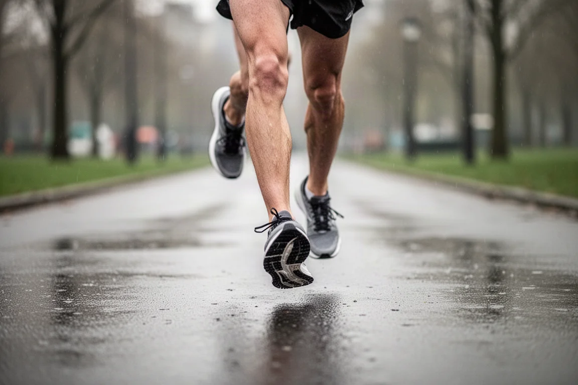 Hardloper midden in de pas op nat asfalt met raceschoenen in beweging