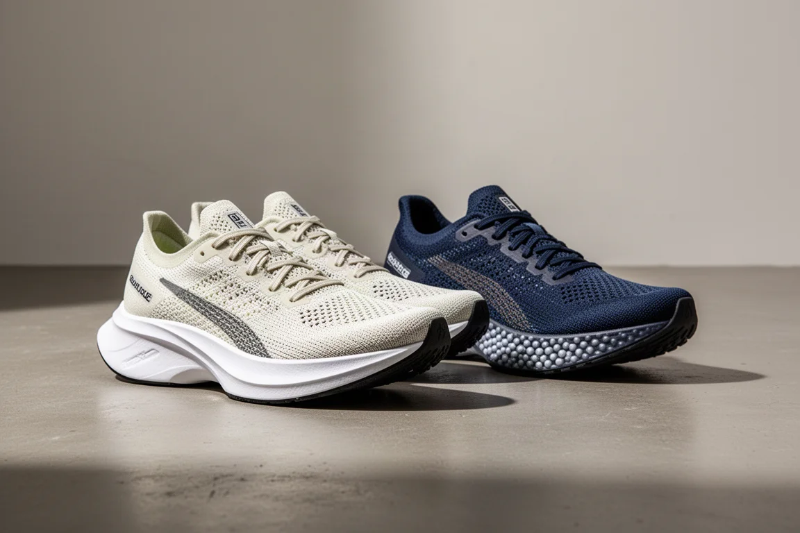 Nike Vaporfly 3 and Saucony Endorphin Pro 3 racing shoes side by side on concrete