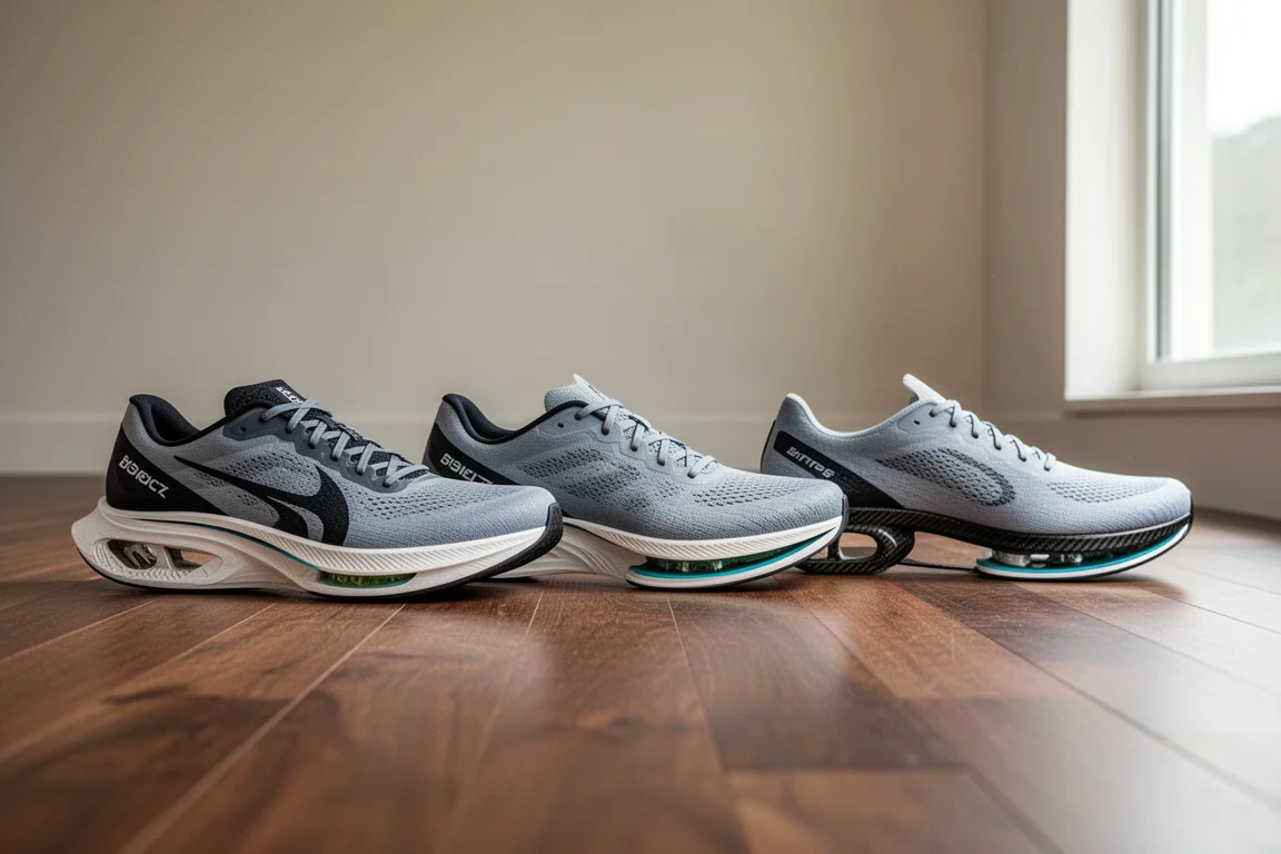 Rennschuh nebeneinander mit älteren Carbonplatten-Schuhen auf einem Holzboden