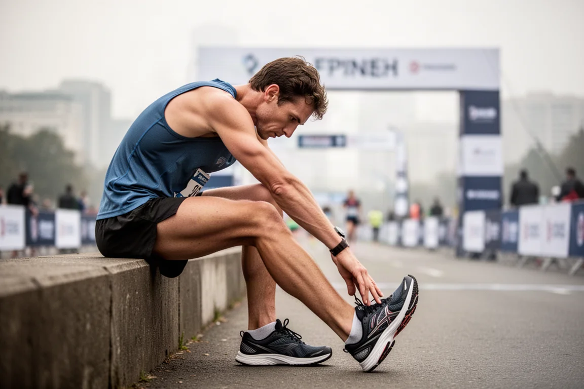 Läufer dehnt die Waden neben einem Zeltbereich der Rennstrecke nach dem Zieleinlauf