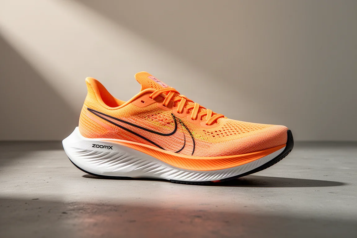 Nike Vaporfly 4 racing shoe in three-quarter profile on concrete