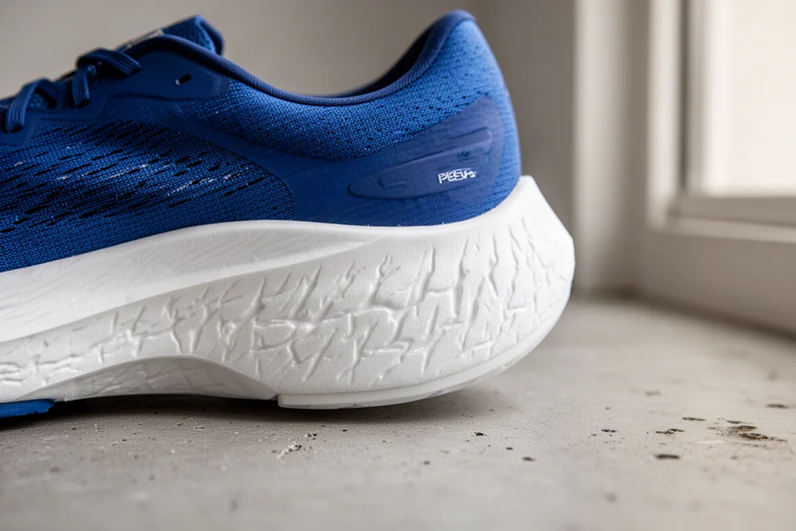 Nahaufnahme von faltigem weißen Zwischensohlenschaum an einem blauen Straßenrennen-Schuh