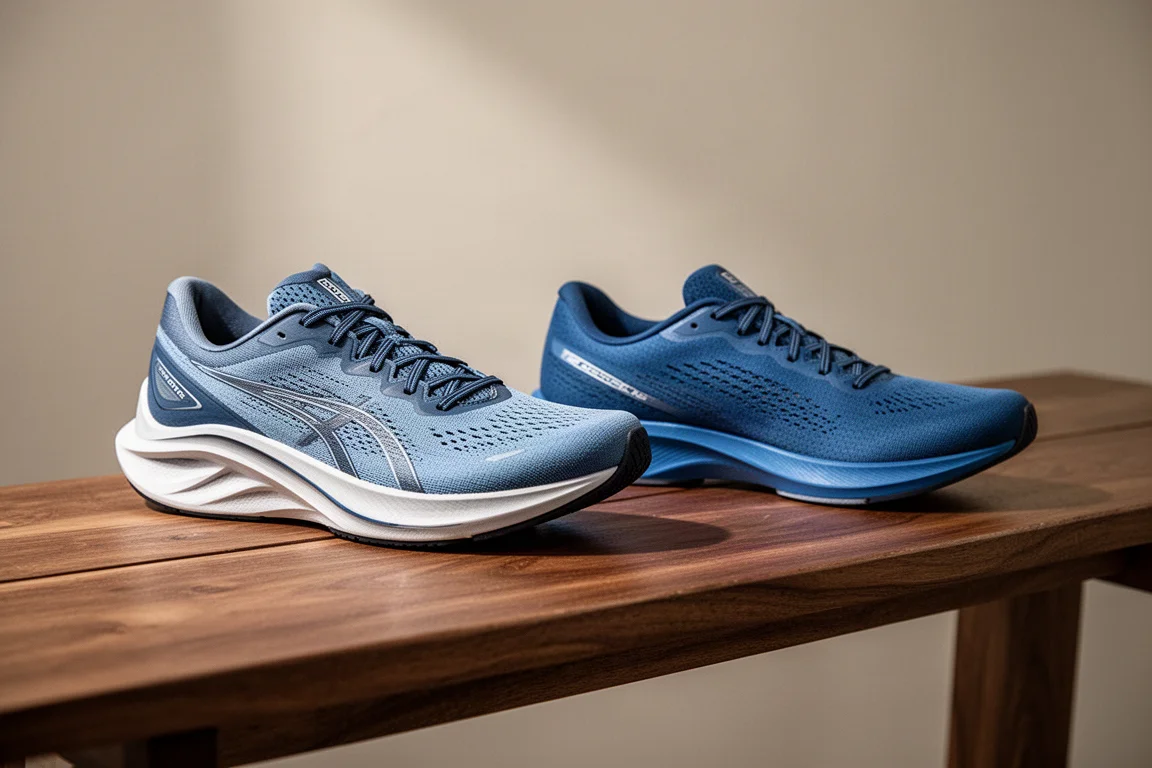 Zwei Rennschuhe nebeneinander auf einer Bank mit unterschiedlichen Zwischensohlenformen