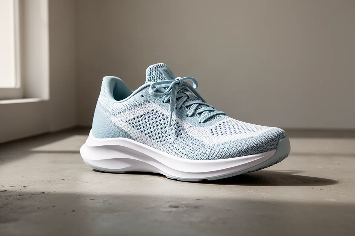 Ice blue Nike Vaporfly 4% Flyknit racing shoe on a matte concrete surface