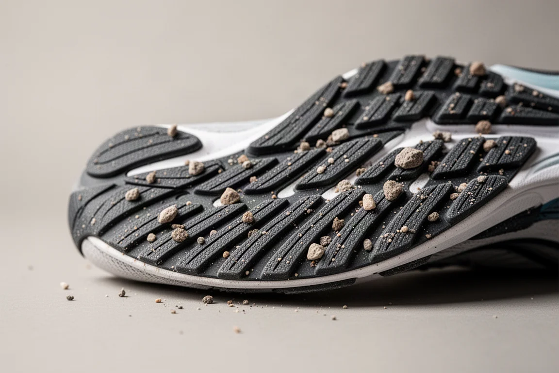 Gravier et petites pierres coincés dans les rainures de la semelle extérieure d'une chaussure