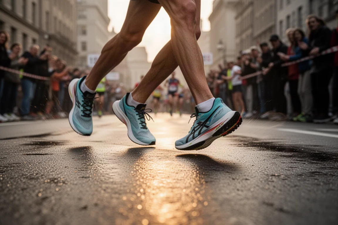 Pieds d'un coureur en chaussures légères de compétition dans une rue lors d'un 5K