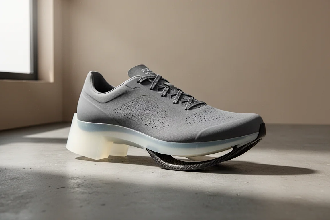 Lightweight Nike racing shoe with translucent foam midsole on concrete surface