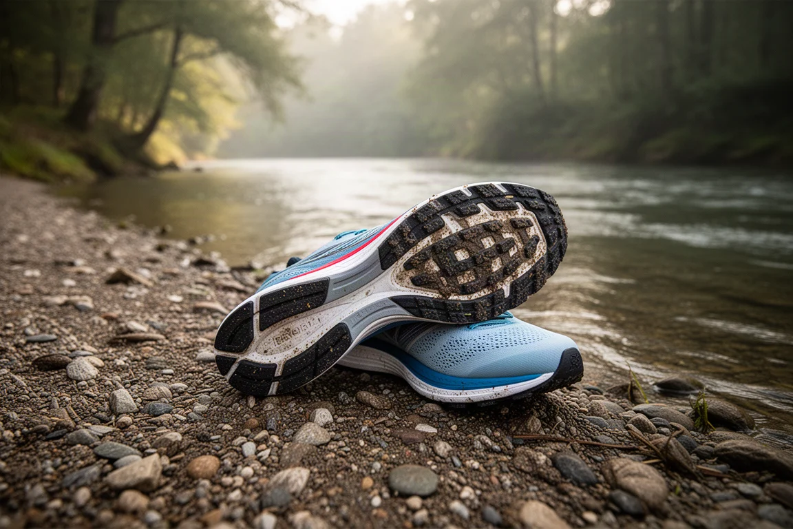 Suela de una zapatilla de competición apoyada en un camino junto al río tras varias tiradas de prueba