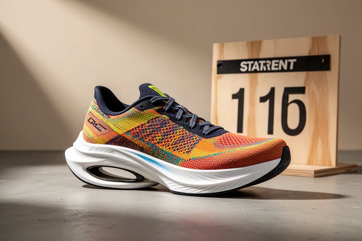 Nike Vaporfly 4 racing shoe on concrete surface in soft studio light