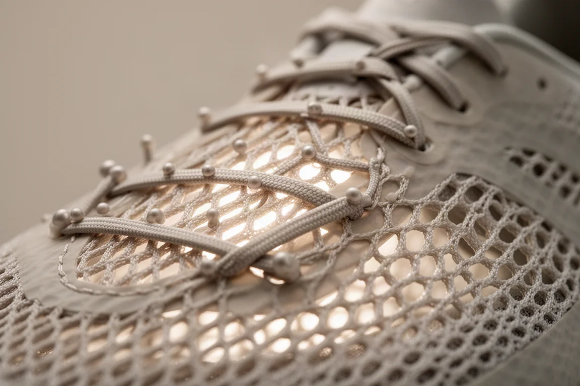 Runner lacing up a lightweight racing shoe on a bench before an early morning run