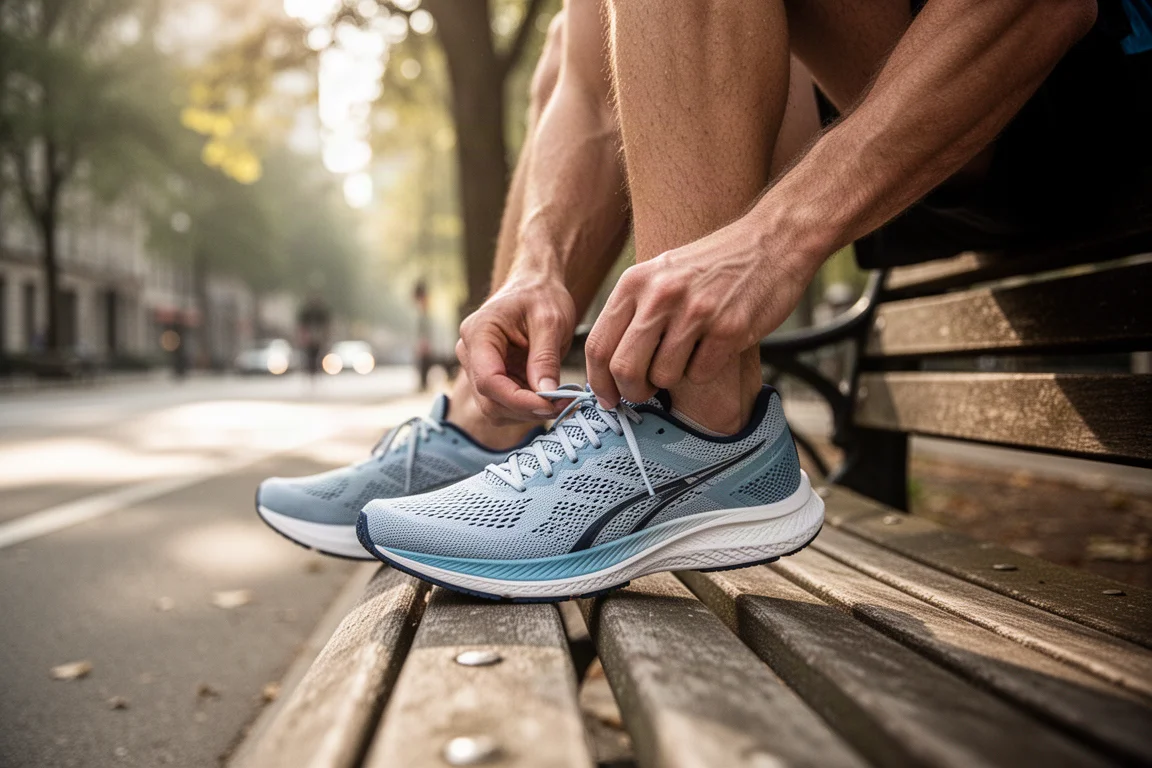 Corridore che allaccia scarpe da gara in mesh leggero su una panchina del parco