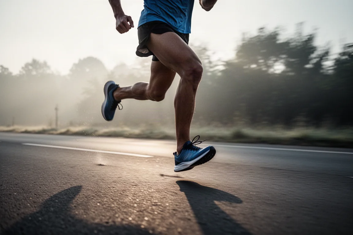 Atleta che scatta in intervalli veloci su una strada aperta all'alba
