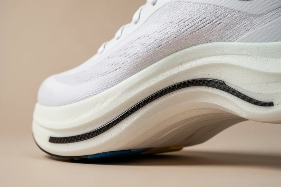 Primo piano della midsole e della geometria rocker di una scarpa da gara con placca in carbonio