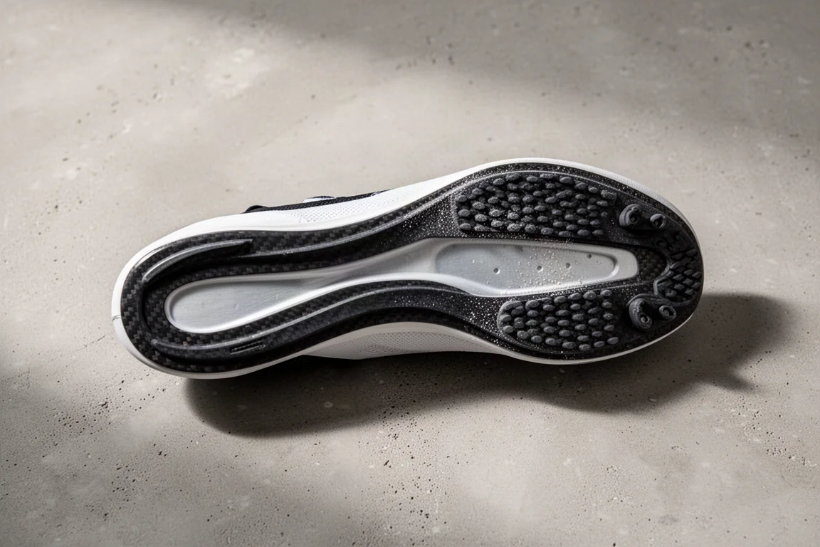 Primo piano di una suola in gomma sottile con traction sull'avampiede di una scarpa da gara