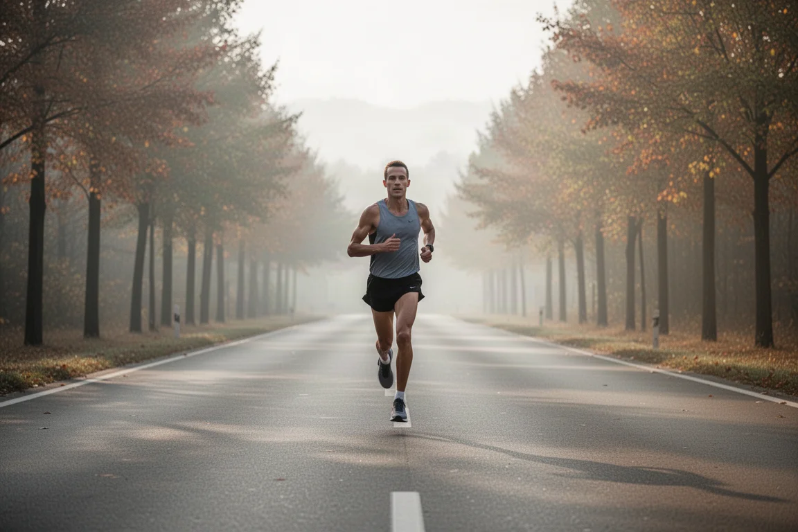 Un runner trova un ritmo maratoniano costante su una strada aperta