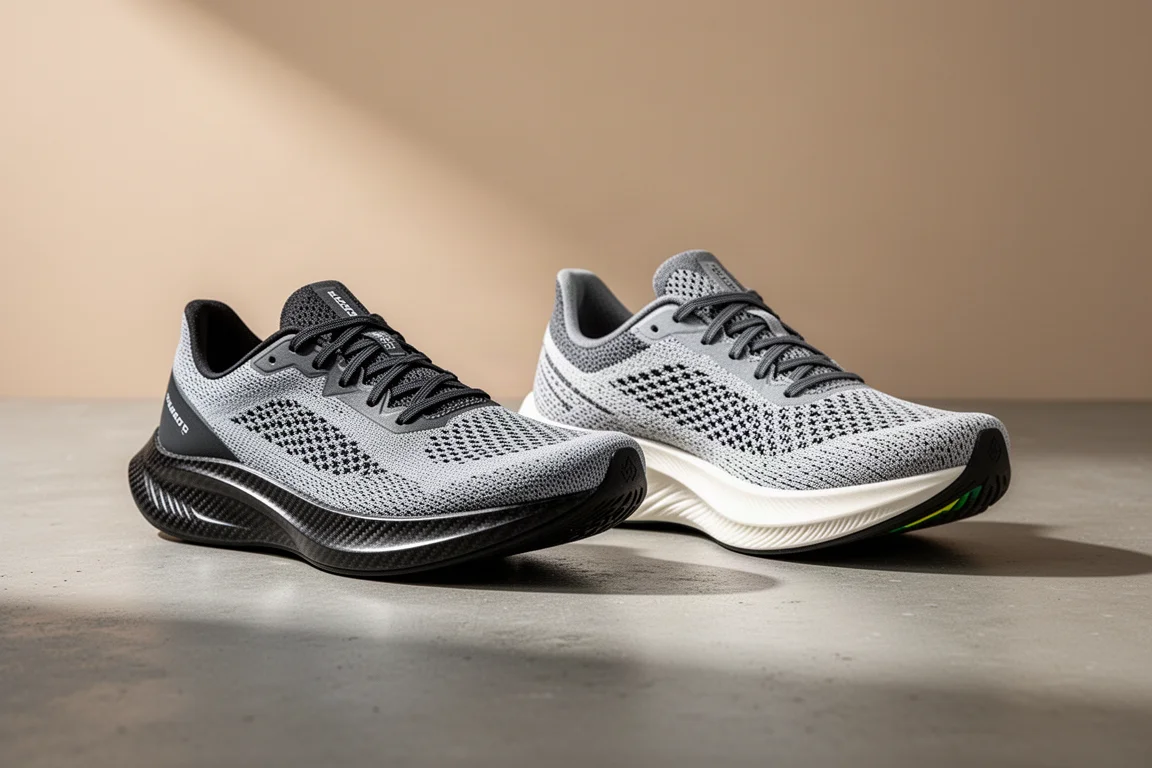 Nike Vaporfly 4 and Adidas Adios Pro 4 running shoes side by side on concrete