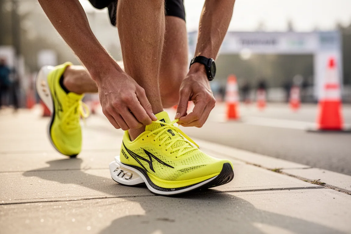 Runner che stringe i lacci di una scarpa da gara con piastra in carbonio prima di una corsa su strada