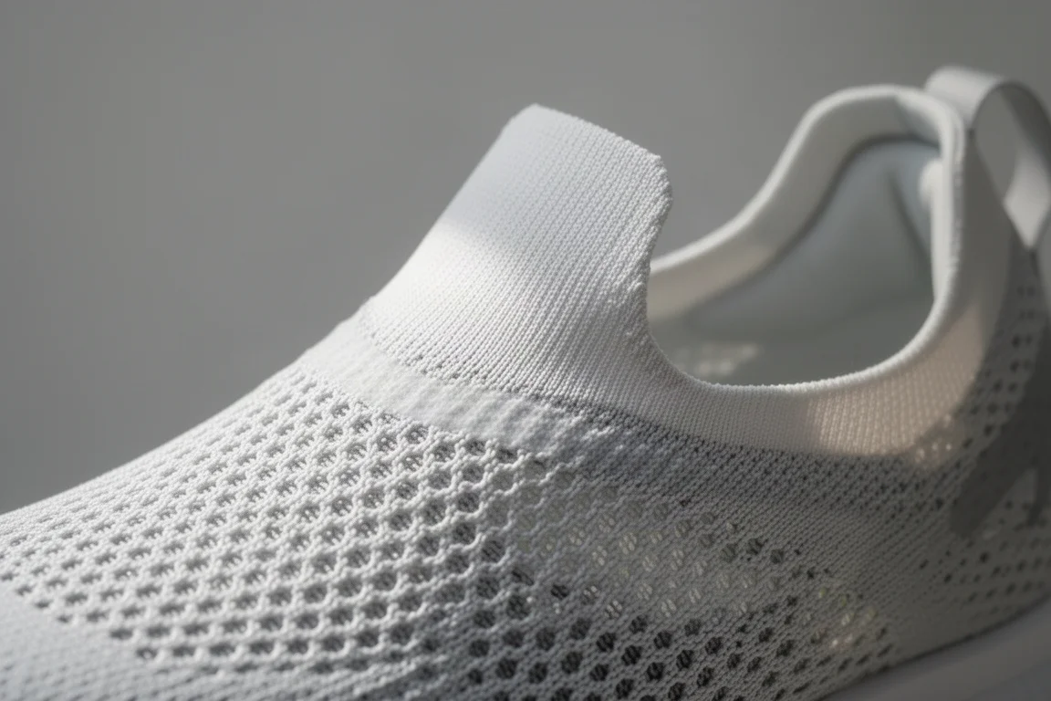 Primo piano di una tomaia in mesh tecnico traspirante su una scarpa da gara