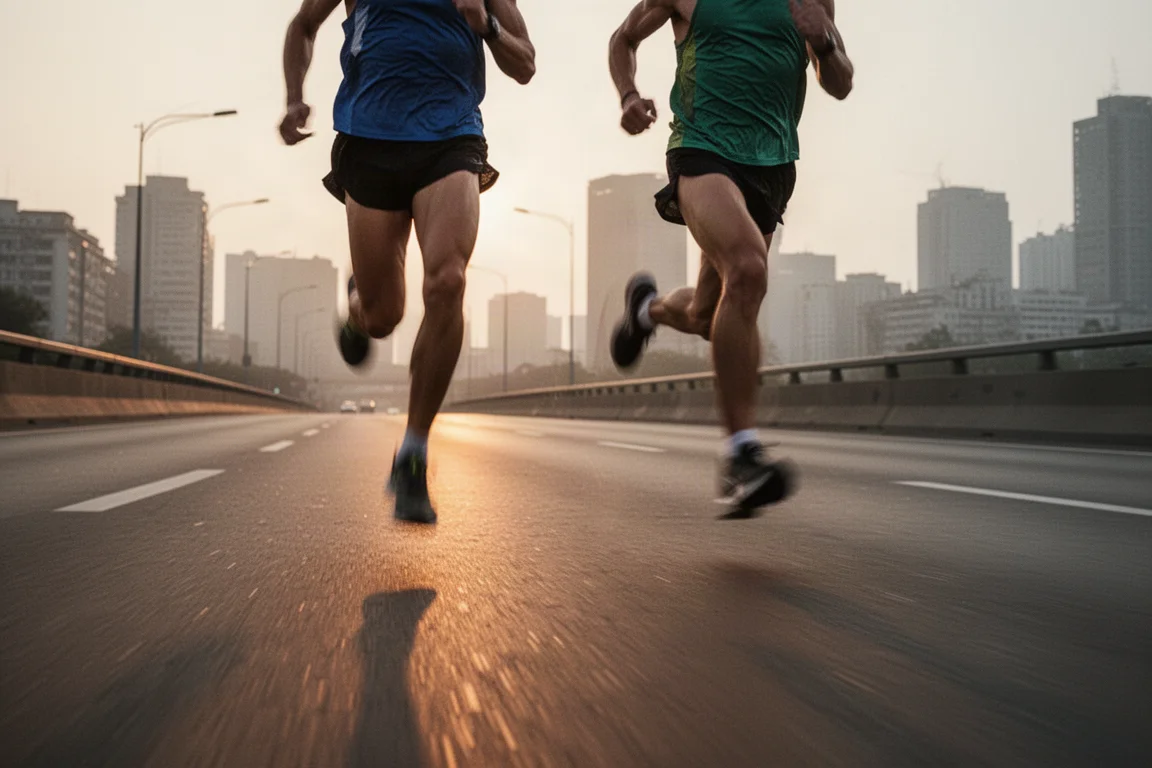 Runner che gareggiano ad alta velocità lungo una strada cittadina in prima serata
