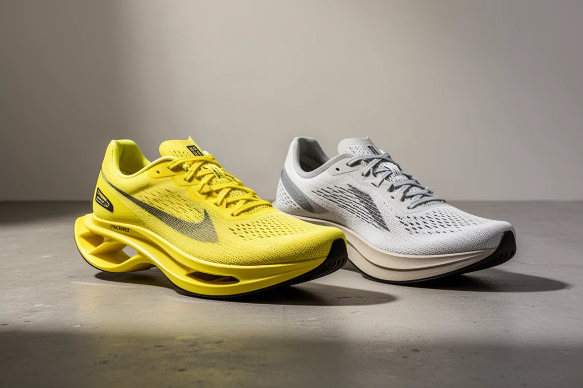 Hoka Cielo X1 2.0 and Nike Vaporfly 4 racing shoes side by side on concrete