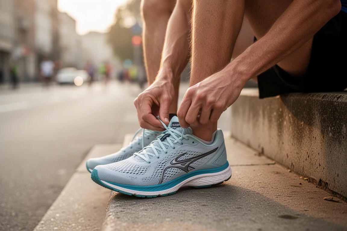 Un coureur lace ses chaussures de compétition légères avant une course sur route