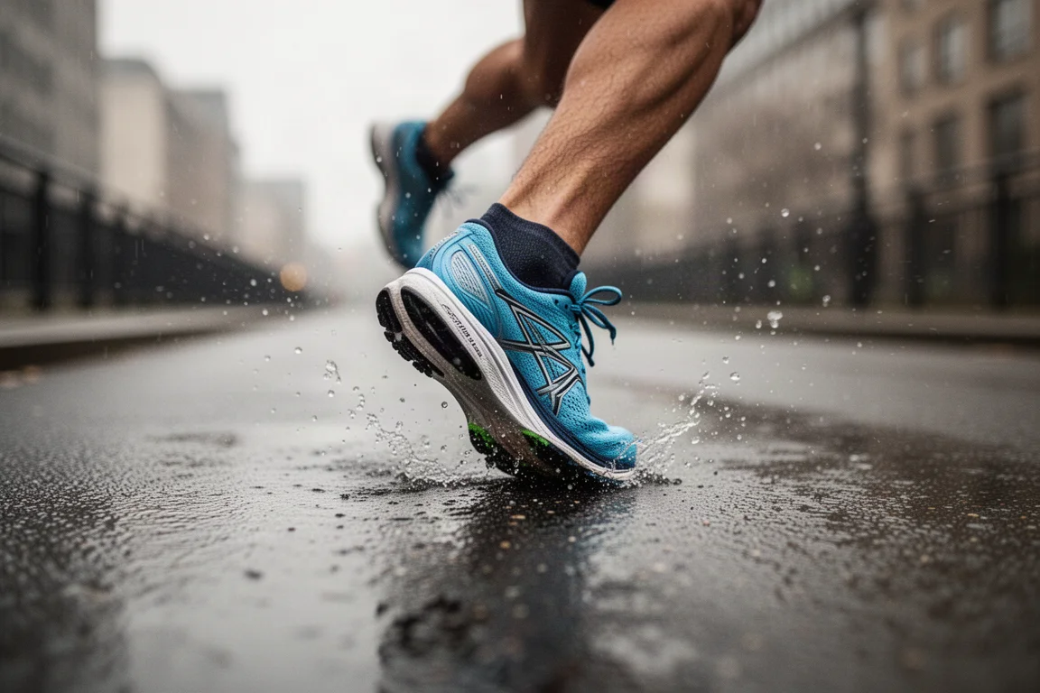 Le pied d'un coureur atterrissant sur un asphalte mouillé lors d'une séance de tempo