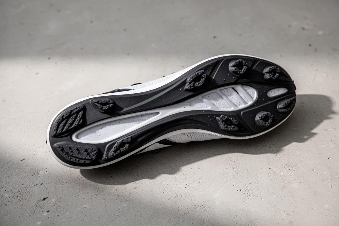 Gros plan sur la semelle extérieure d'une chaussure de course montrant le caoutchouc et la semelle